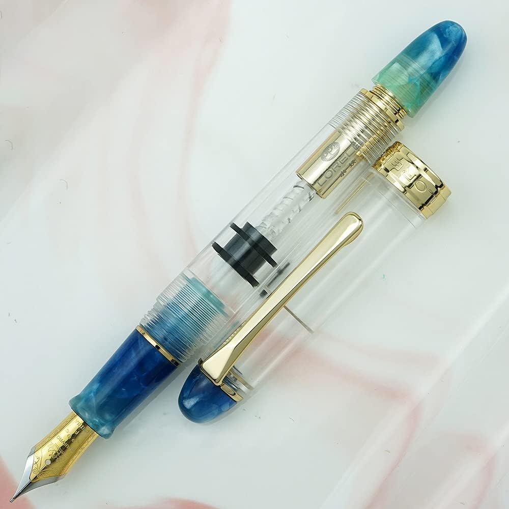 erofa LORELEI 667 Resin Piston Transparent Blue Fountain Pen Golden Clip, Fine Nib for Business Office Home School