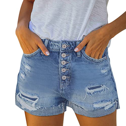 Briskorry Damen Jeansshorts Sommer Kurze Hose Jeans Ripped Zerrissen Loch Hotpants Shorts Stretch Denim Bermuda Hosen High Waist Stretch Boyfriend Skinny Pants Denim-Shorts Cover