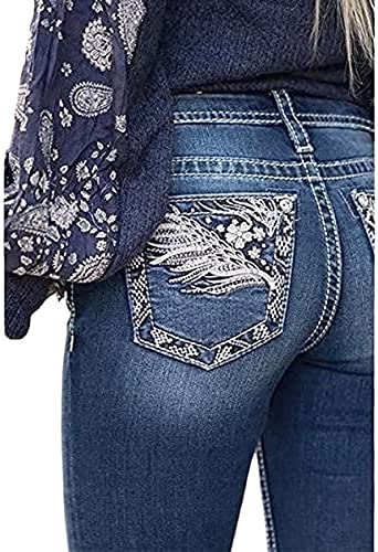 Womens Feather Flower Embroidery Mid Rise Stretchy Bootcut Jeans Slim Straight Leg Denim Jean Pants Cobalt Blue4