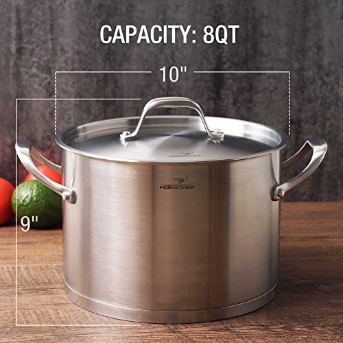 HOMI CHEF LARGE HEAVY ECOLOGICAL NICKEL FREE Stainless Steel Stock Pot 8qt w/Lid (No Toxic Non Stick Coating, 5.1LBS) - Induction Pot 8 Quart Cooking Pot Stew Pot 4 Soup Pot Dutch Oven Pot Casserole