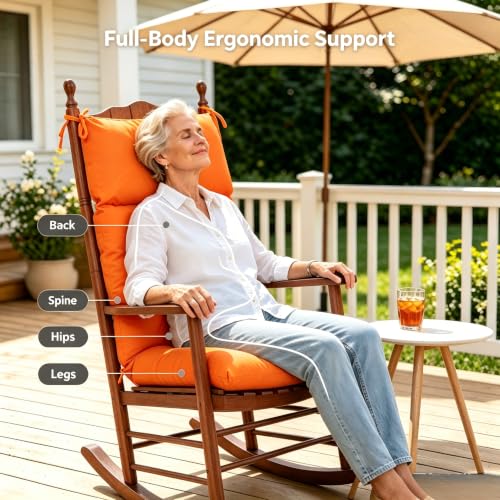 Image of QILLOWAY Outdoor Rocking Chair Cushions Set of 4, 100% Polyester Waterproof Patio Rocking Chair Cushion, High Back Weatherproof Chair Pad for Adirondack & Outdoor Furniture, Orange