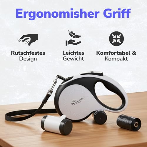 Zenova Pets Hundeleine 5 m – Rollleine mit Kotbeutelhalter – Ausziehleine für Hunde jeder Größe – Laufleine mit 360° Nylonband, Anti-Rutsch-Griff & Schnellbremsknopf – Leine für Hunde bis 30 kg