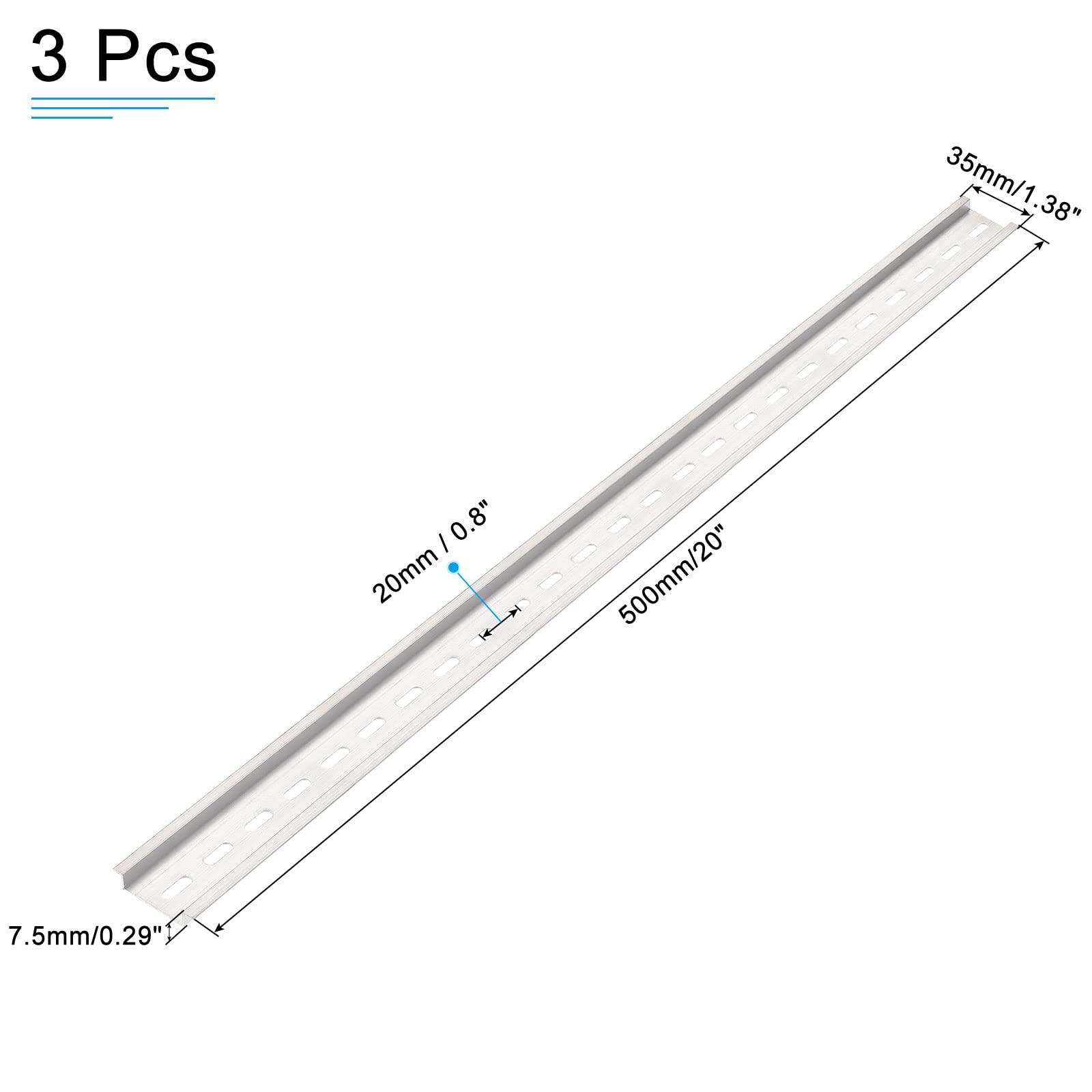 MECCANIXITY DIN Rail Slotted Aluminum Mounting Guide 500mm Long 35mm Wide 7.5mm High Silver Tone Pack of 3