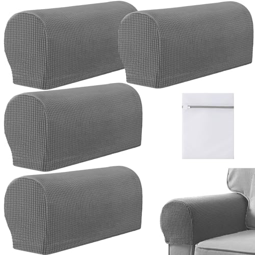 VEGCOO Lot de 4 housses d'accoudoirs extensibles en polyester doux avec sac à linge, housses antidérapantes pour protection de meubles pour canapé, fauteuil...