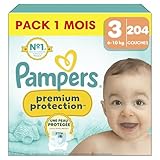 Pampers Couches Premium Protection Taille 3 (6-10 kg), 204 Couches Bébé, Pack 1 Mois, No...