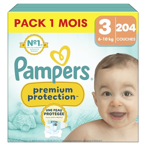 Pampers Couches Premium Protection Taille 3 (6-10 kg), 204 Couches Bébé, Pack 1 Mois, Notre N°1 Pour La Protection Des Peaux Sensibles