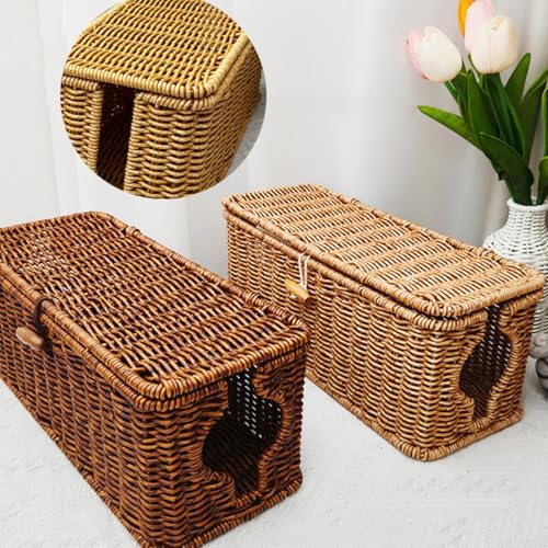 Caja organizadora de cables de mimbre, paquete de 2 tamaños grande y pequeño, organizador de escritorio tejido a mano de imitación ratán, con 10 clips para cables y 10 ataduras, para hogar, oficina y estación de carga miniatura 5