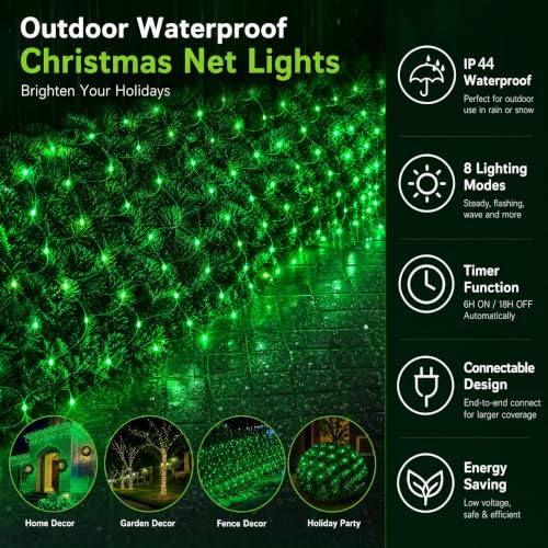 Image of Dazzle Bright Christmas Net Lights, 360 LED 12FT x 5 FT Transparent Wire Waterproof Connectable String Lights with 8 Modes Christmas Outdoor Lights for Bushes Garden Party Holiday Decoration (Green)