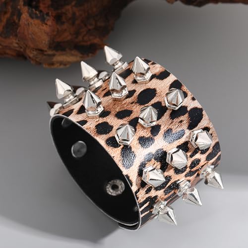 Leopard Spike Studded Leather Bracelet - Rock Punk Biker Wide Strap Leather Cuff Wristlets - Gothic Rivet Buckle Wristband4