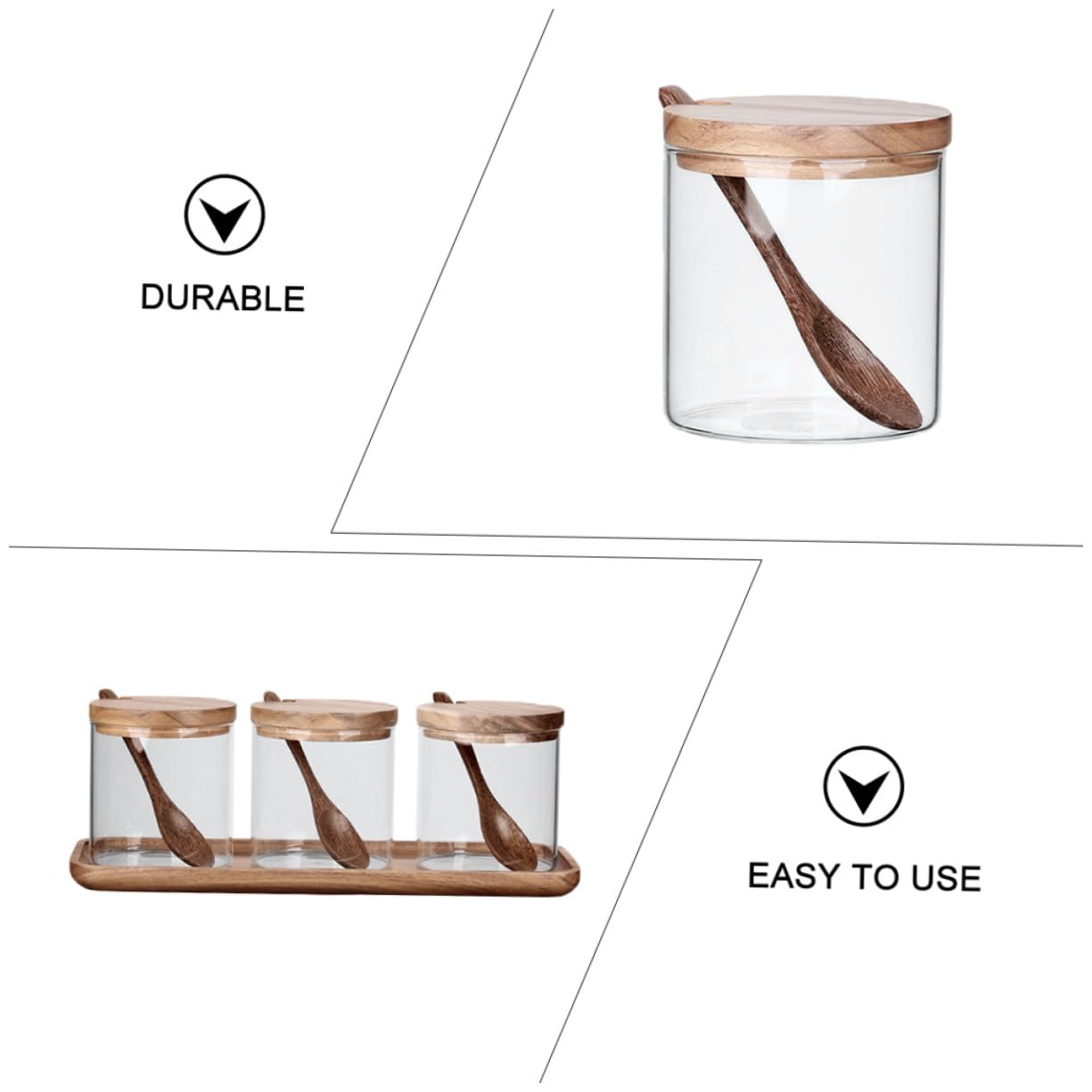 SHINEOFI Glas Gewürzglas mit Holzdeckel Löffel und Tablett Klare Aufbewahrungsgläser für Küche Multifunktionale Gewürzdosen für Salz Zucker und Gewürze Stilvolles Küchenzubehör