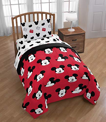 Image of Disney Mickey Mouse Twin Comforter Set 4 Piece Kids Cartoon Bedding, Red | Bed in a Bag, Comforter Sheets Pillowcase, Official Product, Soft Microfiber, Machine Washable, Easy Care, Kids Gift
