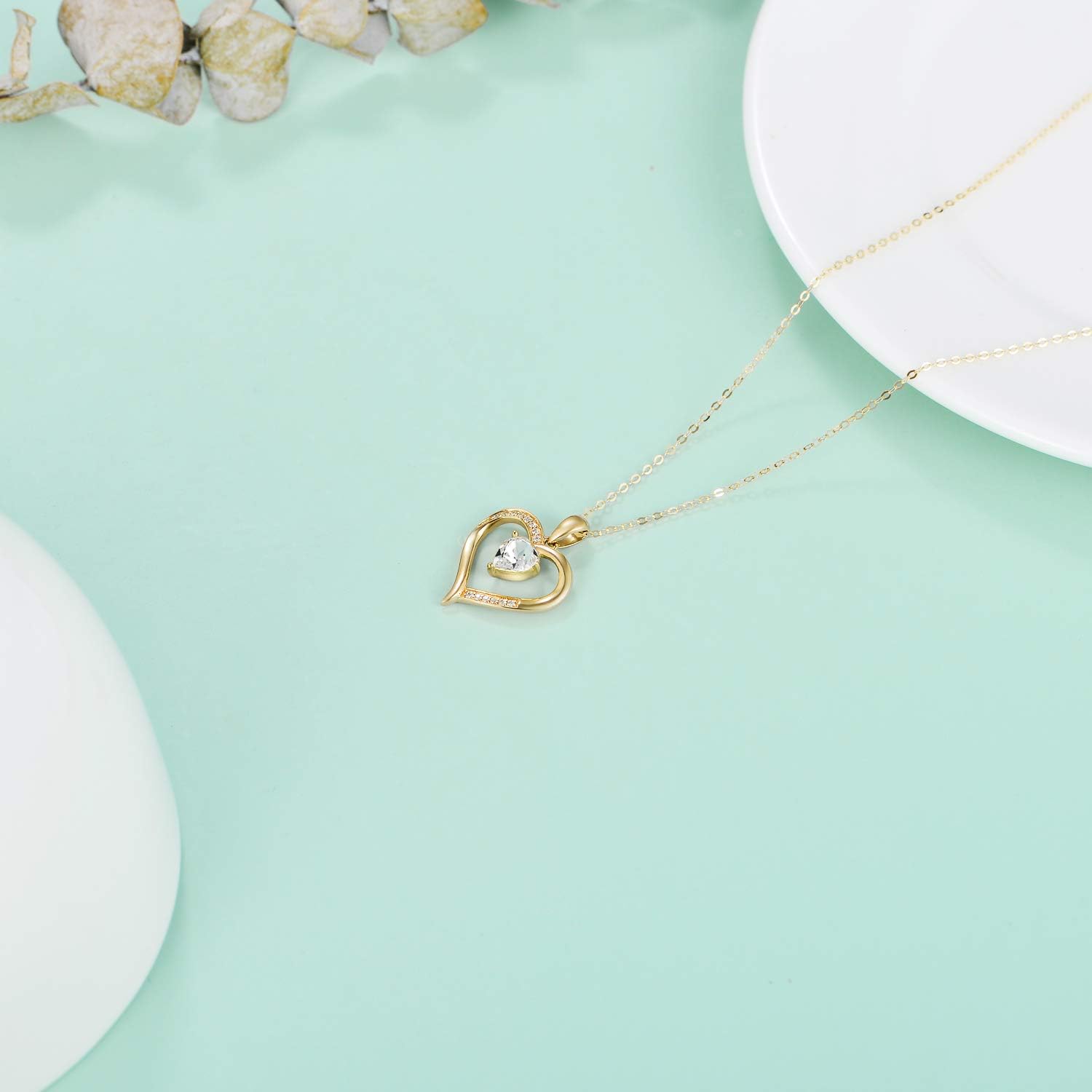 14K Solid Gold Heart Necklace for Women, Dainty Gold Crystal Love Heart Pendant "Love You Forever" Jewelry Gift for Mom, Wife, Girlfriend 16"-18" - Image 3