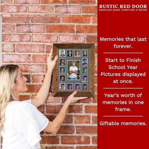 Image of Rustic Red Door Co. School Years Reclaimed Wood Picture Frame - 11x14 Wooden Framed 15 Photo Collage Mat Pre-School & Kindergarten to 12th Grade High School Graduation (Class of 2024, Grey)