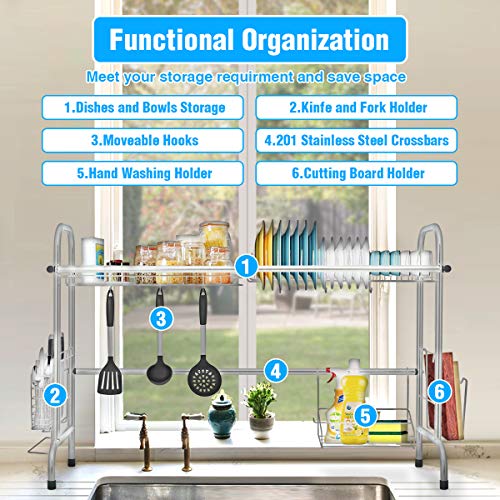 Over The Sink Dish Drying Rack, KINGSO 2 Tier Dish Drainer Stainless Steel Kitchen Sink Drying Rack w/Utensil Holder 8 Hooks for Kitchen Counter Organization Storage Space Saver (Sink Size≤32.5 inch)