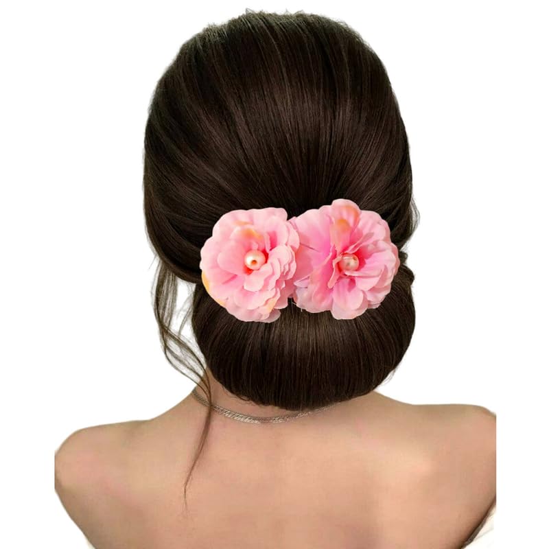Hair Flare Elegant Flower Hair Clip for Women & Girls, Artificial Flower Bun Accessory with Pearls, Bridal Bridesmaid Floral Hairpin for Wedding, Festive & Daily Use, Lightweight & Stylish, BabyPink