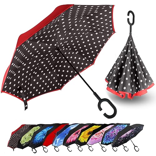 Image of MRTLLOA 40 /49 /56 Inch Oversize Windproof Inverted Reverse Upside Down Umbrella, Golf Size Rain Umbrella, Double Layer, C-Shaped Handle for Men, Women and Kids (Red Dot, 56 Inch)