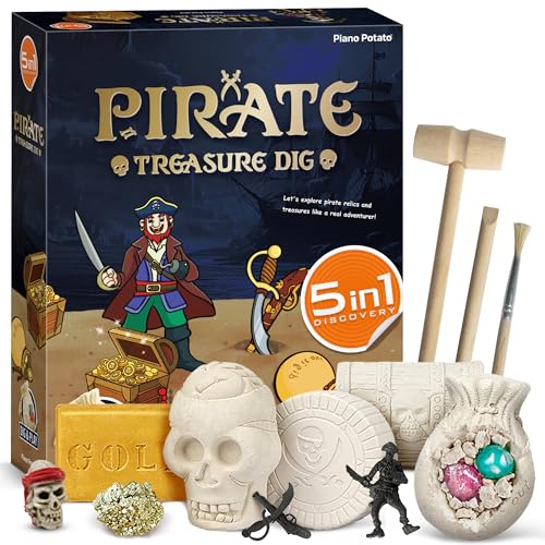 XXTOYS Pirate Treasures Dig Kit Break Into 5 Bricks Treasure Excavation Kits Pirate Toys Gems Dig Kits Interactive Excavating Toys Great Birthday Gift Party Supplies Archeology Educational STEM Kits