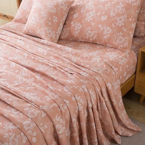 Image of FADFAY Queen Sheets Set 100% Cotton Washed Double Gauze Muslin Bedding 4Pcs Vintage Coral Rose Floral Sheets Shabby Farmhouse Bedding Luxury Super Soft Breathable Deep Pocket Fitted Sheet, Queen Size