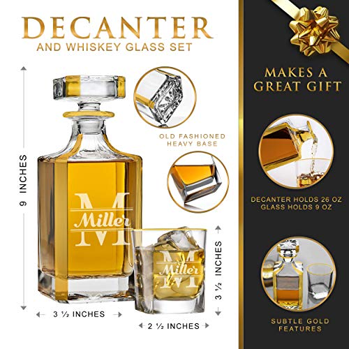 Custom Personalized Whiskey Decanter and Matching 4 Glasses Set - Bottle and Glasses with Gold Trim and Accents - Image 3