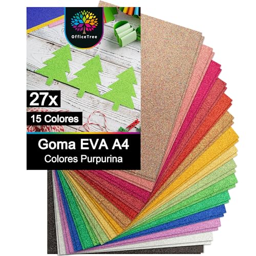 OfficeTree 27 Hojas Goma EVA Purpurina A4 2mm - 15 Colores - Papel Goma EVA Manualidades - Goma EVA Brillante - Goma EVA A4 - Goma EVA Decorada Purpurina Manualidades - Goma EVA Colores