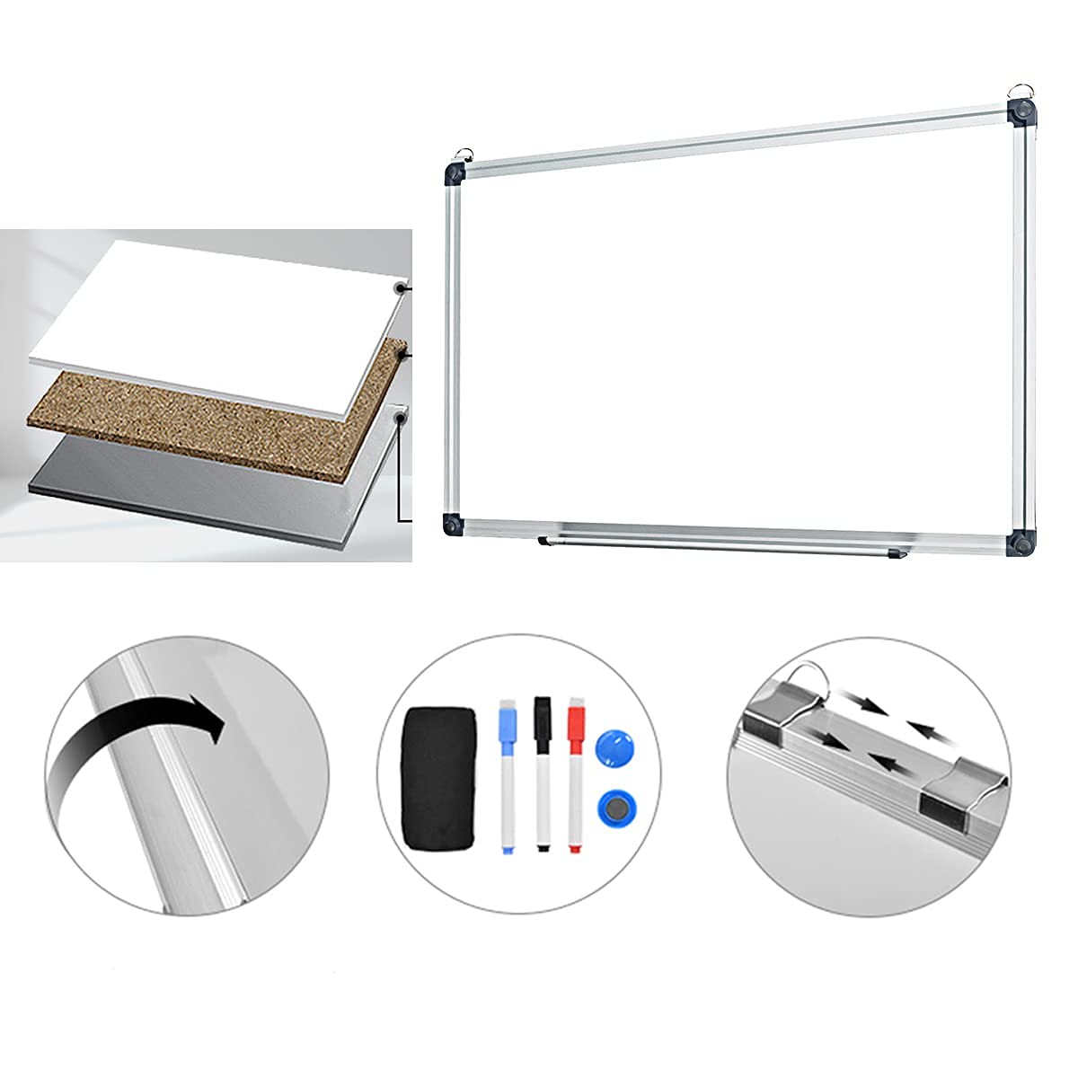 GIANTEX Tablica magnetyczna tablica magnetyczna aluminiowa ramka do wymazywania 5 różnych rozmiarów 120 x 90 cm 90 x 60 cm 70 x 50 cm 60 x 40 cm 50 x 35 cm (90 x 60 cm)