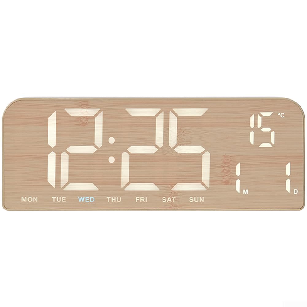 Wooden Style LED Digital Alarm Clock, Large Screen with Calendar and Temperature, Dual Alarm Function, Adjustable Brightness(A)