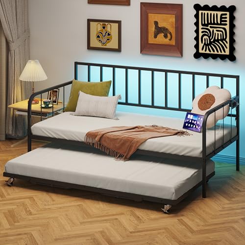 Twin Daybed with Trundle – Metal Sofa Bed Frame with Heavy Duty Slats, Space-Saving Guest Bed with Storage, Modern Daybed for Bedroom, Living Room, Small Spaces