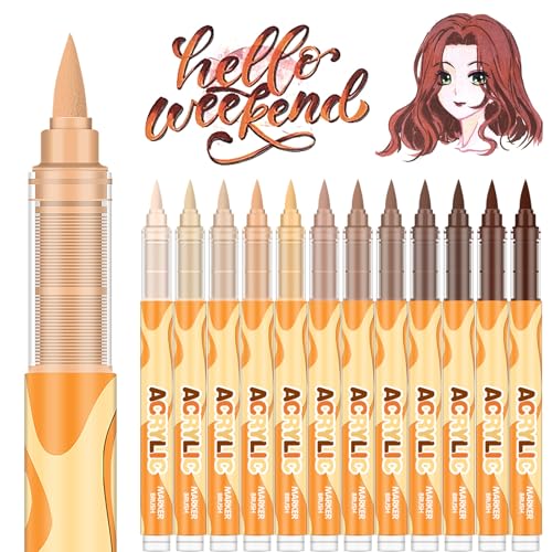 Laconile 12 Farben Acrylstifte für Hauttöne, Acrylstifte für steine wasserfest Mit flexibler Pinselspitze (0,5-1 mm) zum Bemalen von Steinen, Keramik, Glas, Holz, Leinwand（SKIN-TONE-BROWN）