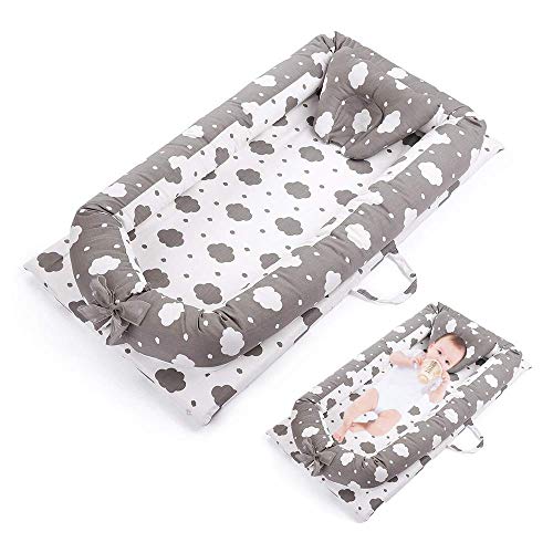 Baby Lounger Baby Nest Mooedcoe Newborn Portable Baby Bed Travel Bed 100% Soft Cotton Cosleeping Cribs with Pillow (Cloud)