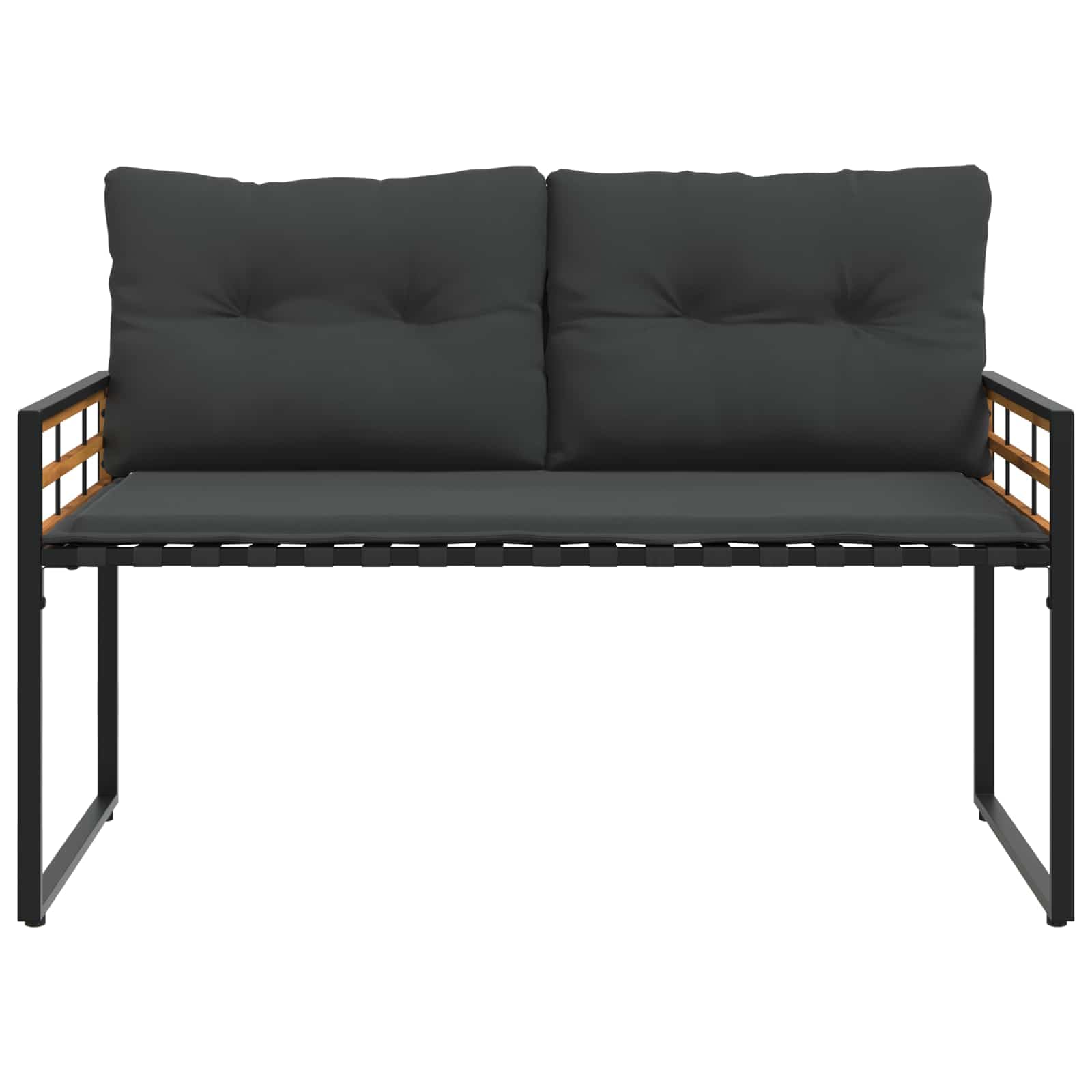 Banco de madera con cojín, color gris pálido, 114 x 55 x 77 cm, banco para balcón y jardín de madera maciza de acacia y acero con recubrimiento en polvo, con patas ajustables