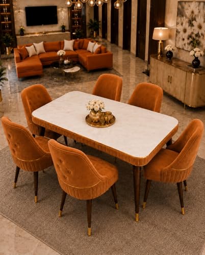 Image of WOODEN SPACE 6-Seater Wooden Dining Table Set | Nano Composite Marble Top | Solid Wood Base | Modern Dining Room Furniture with 6 Chairs (Grand Aura Mustard)