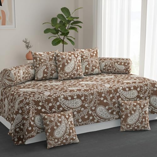Image of Cotton Diwan Set Covers |8 Pieces Diwan Cover Set|300 TC Fabric| Pure Cotton Printed Deewan Set (1 Single Bedsheet, 2 Bolster Covers, 5 Cushion Covers)| (Brown Phulkari)