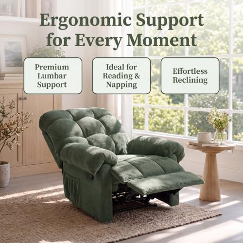 Image of Oversized Manual Recliner Chair with Side Pockets for Home, Green