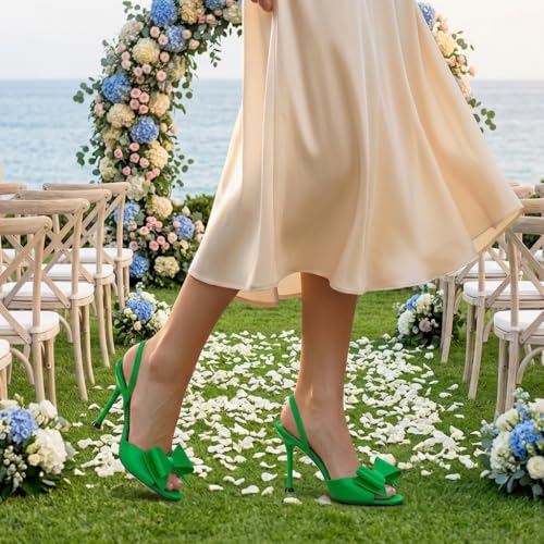 Image of Satin High Heels Slingback Open Toe Mules Sandals Bow Stiletto Sexy Heels Comfortable Wedding Party Shoes