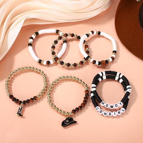 7pcs Howdy Cowgirl Beaded Bracelets, Stackable Western Beaded Bracelets with Cowgirl Hat and Boots Charms Y2K Style Outfit Accessories Jewelry for Friends Family Women Gift (Black)4