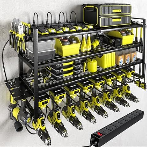 KAFAHOM Power Tool Organizer with Charging Station.Garage 8 Drill Holder Built in 8 Outlets Power Strip,Tool Storage Shelf Wall Mount,Tool Battery Organizer with Screwdriver/Hammer/Air Tool Rack Cover