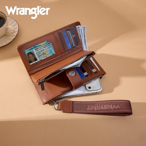 Image of Montana West X Wrangler Brown Wristlet Wallet Minimalist Clutch Womens Wallet Rfid Card Cases & Money Organizers with Coin Purse and Smooth Zipper