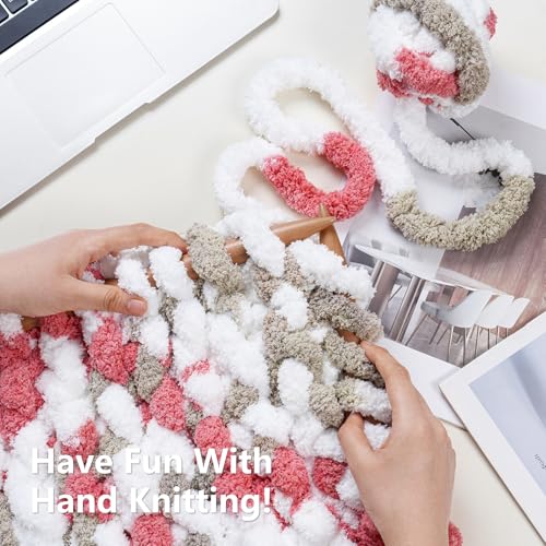 Image of Cozyful Chunky Yarn for Hand Knitting - #10 Chunky Chenille Blanket Yarn, Jumbo Big Thick Chunky Yarns for Crocheting, Tie Dye Bulky Knit Yarns, 8 Skein (20 yds 8 oz Each Skein), Khaki & Rose & White