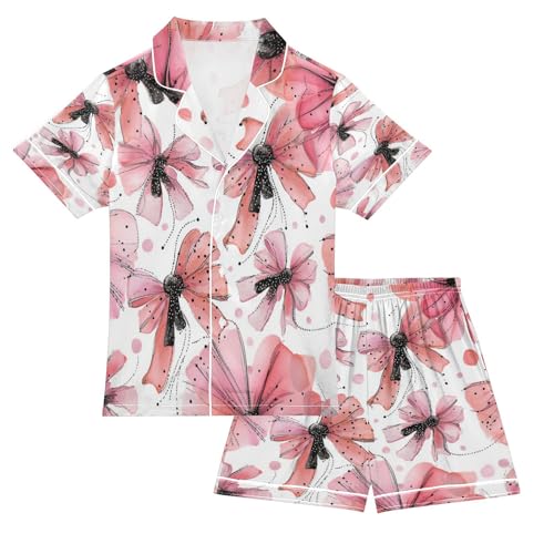 Satin Pajama Sets Short Sleeve Pink Butterflies Bows Kawaii Button Down Silky Nightwear 2 Piece PJS 5-14Y