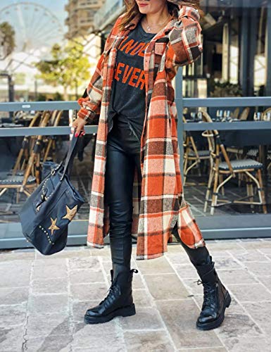 UANEO Plaid Coat Women Button Down Long Plaid Jacket Fall Flannel Trench Coat4