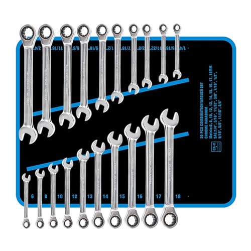 Spanner Set 20pcs Ratchet Key Wrench Set Imperial Metric Spanner Tools Set Mirror Polish 72T Ratcheting Fixed Head Hand Tools for Repair