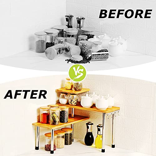 Venloup Upgraded 3 Tier Corner Shelf, Adjustable Bamboo Storage Spice Rack With Hooks, Freestanding Space Saving Counter Display Shelf For Kitchen, Office And Bedroom （Natural #TOP6