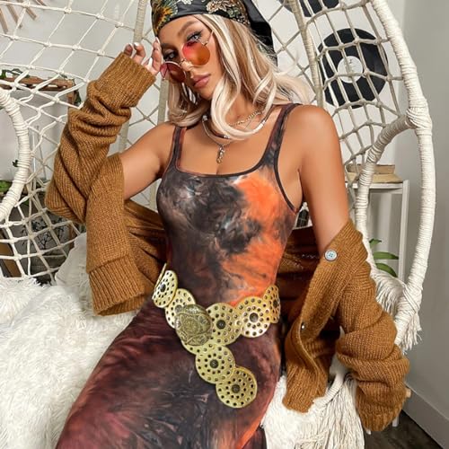 Hollow Wide Disc Belt for Women Concho Leather Metal Buckle Boho Belt Cowgirl Vintage Western Chunky Waist Belts2