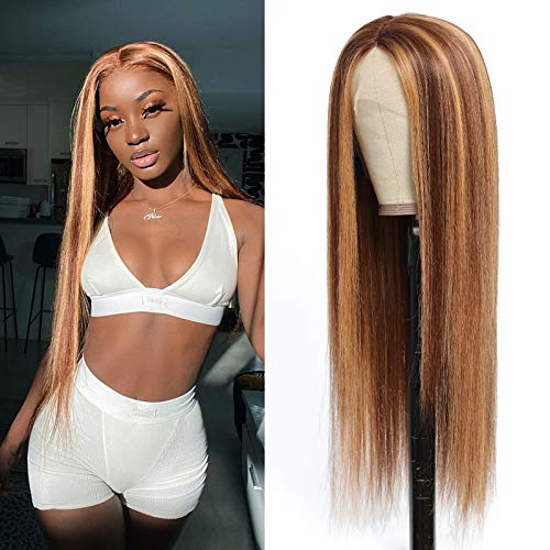 Ombre Highlight Straight Human Hair Lace Front Wigs 4/27 Honey Blond 13x4x1 Lace Frontal Wigs for Black Women Natural Hairline 20 inches