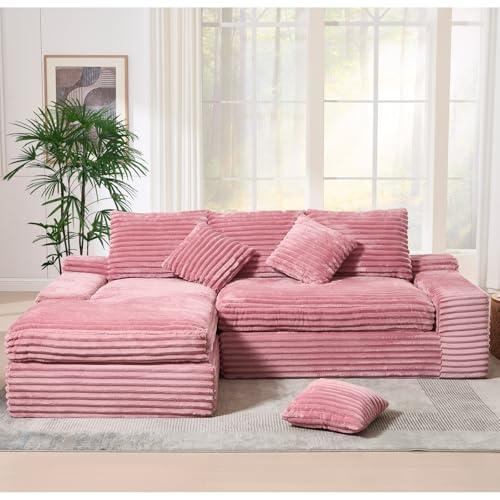 Cudalw Modern Cloud Sectional Couch with L-Shape Chaise, Modular Boneless Sofa with Deep Seat, Comfy Plush Upholstered Couches for Living Room Apartment, No Assembly Required, Pink (Corduroy)