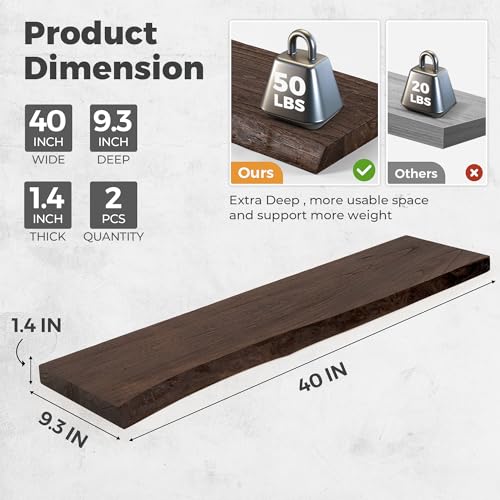 Image of RICHFOCUS Live Edge Elm Floating Shelves - 40 inch W x 9.3 inch D Rustic Solid Wood Wall Shelves with Invisible Bracket, Wall-Mounted for Living Room, Bedroom, Kitchen Storage & Display, Set of 2, Walnut