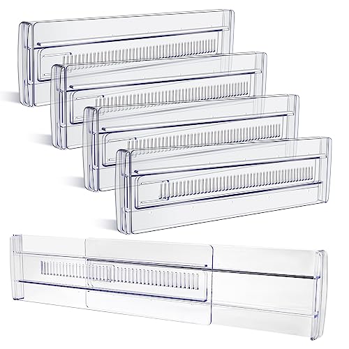Image of Drawer Dividers, 4 Pack Adjustable Drawer Organizers 3.2" High Expandable from 11.3-20" Clear Expandable Dresser Organizer for Clothes Kitchen Utensils Cutlery Drawer Organizers Set