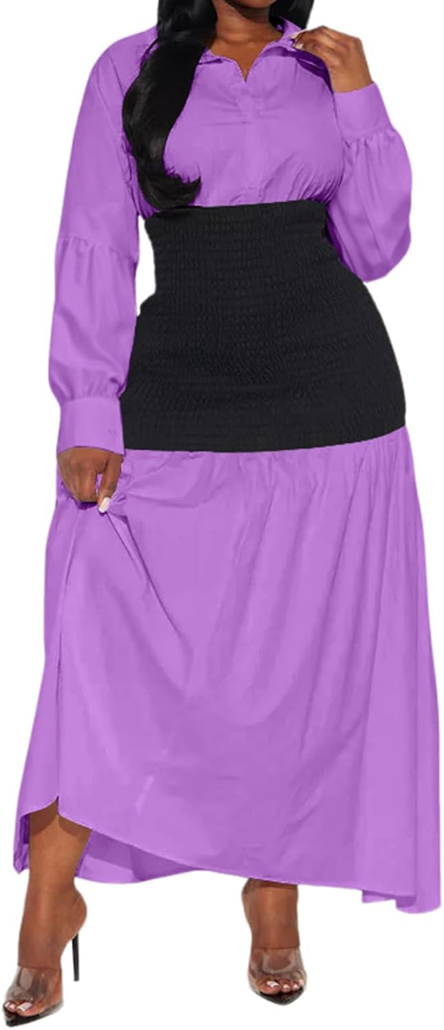 Ekaliy Women's Puff Long Sleeve Shirt Dress Elegant Button Down Loose Swing Party Maxi Dress - Image 6