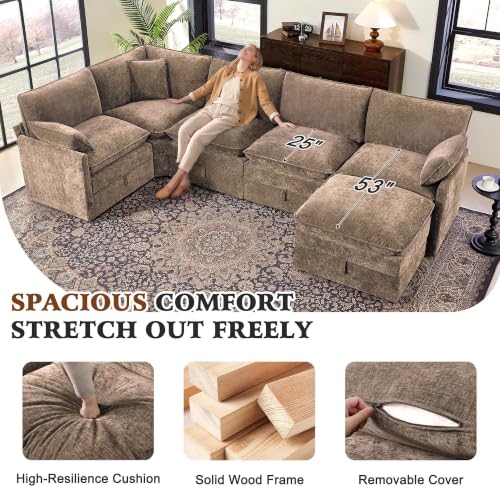 Image of Ihanherry Oversized Modular Sectional Sofa with Storag, 6-Seater V Shaped Cloud Couch with Movable Ottomans, Chenille Deep Seat Corner Couches for Living Room (Brown)