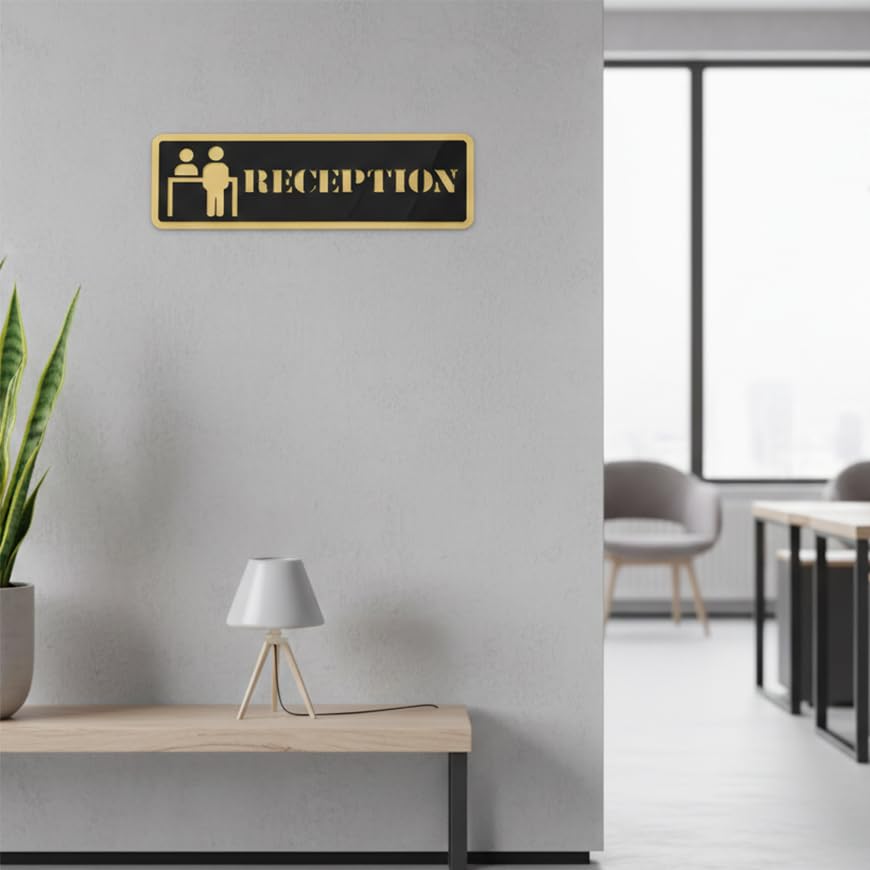 Image of Reception Oval Acrylic Signage Sticker - Self-Adhesive Front Desk Sign for Office, Hotel, Clinic, & Store & Black Gold Label for Glass & Smooth Surfaces
